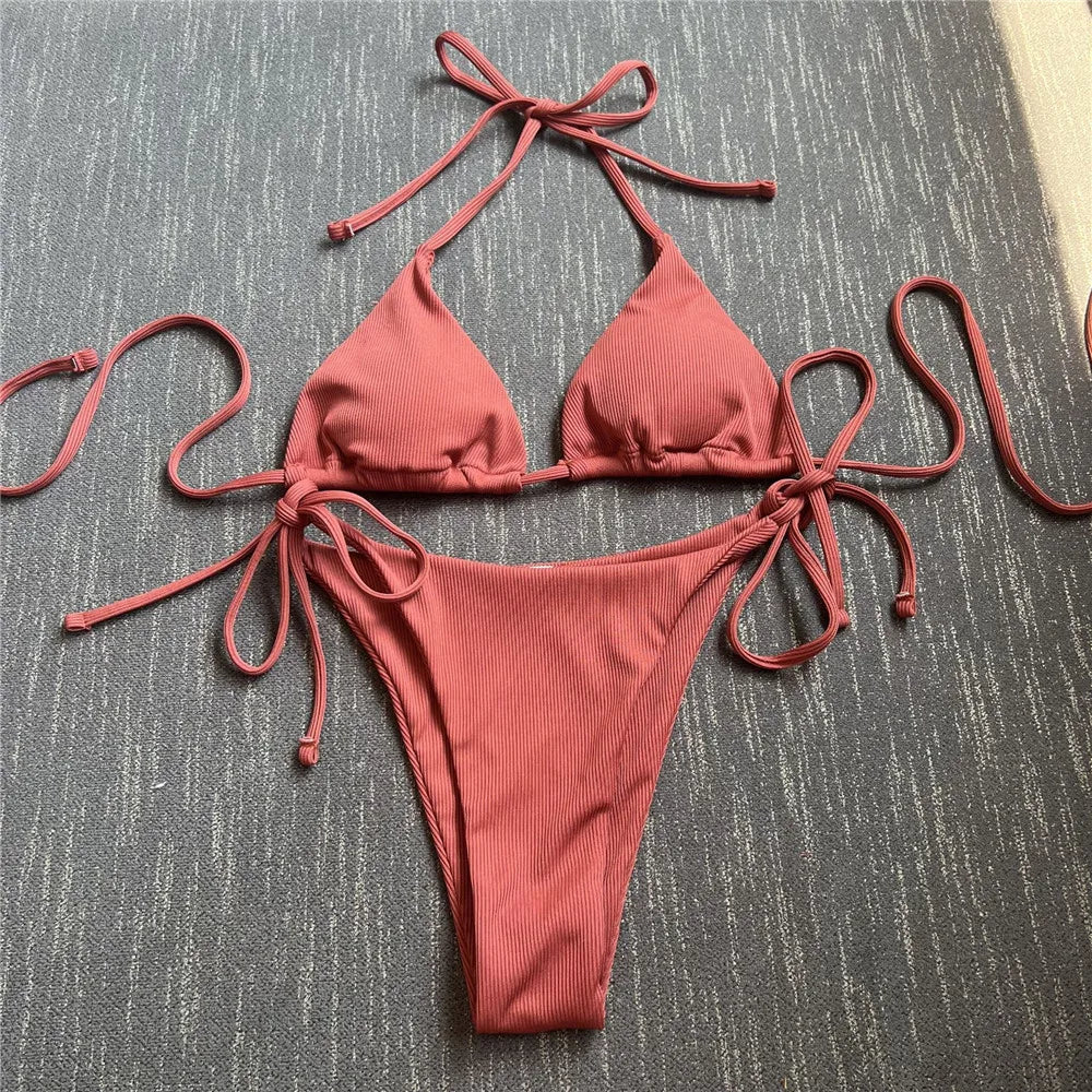 Brown Ribbed Swimwear String Halter Triangle Micro Bikini Thong Sexy Swimsuits Women Lace-up Bathing Suit Biquinis Bikinis Sets