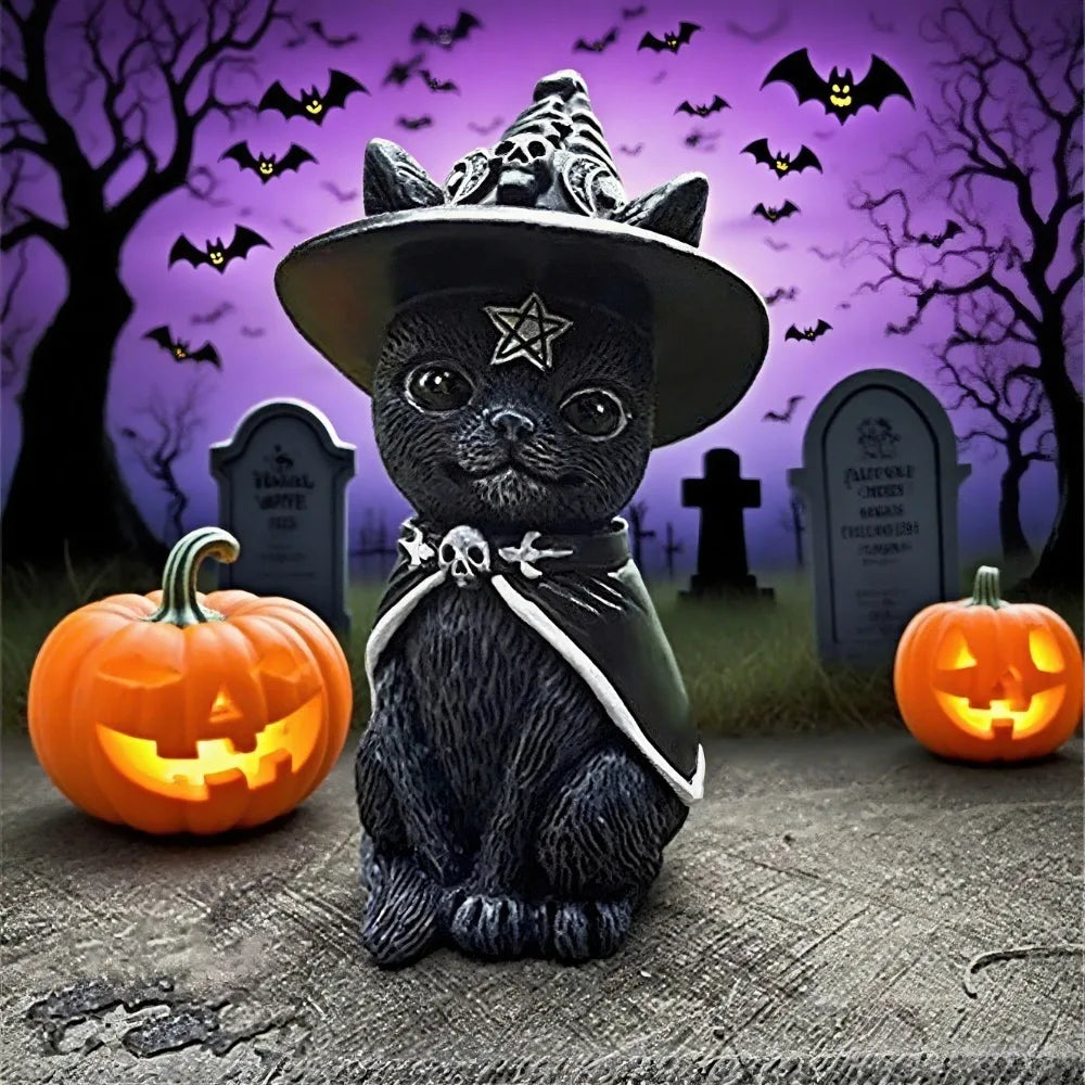 1PC Black Cat Statue Witch Gothic Decor Hand Painted Sculpture Halloween Desk Ornament Mysterious Cute Figurine Home Decor