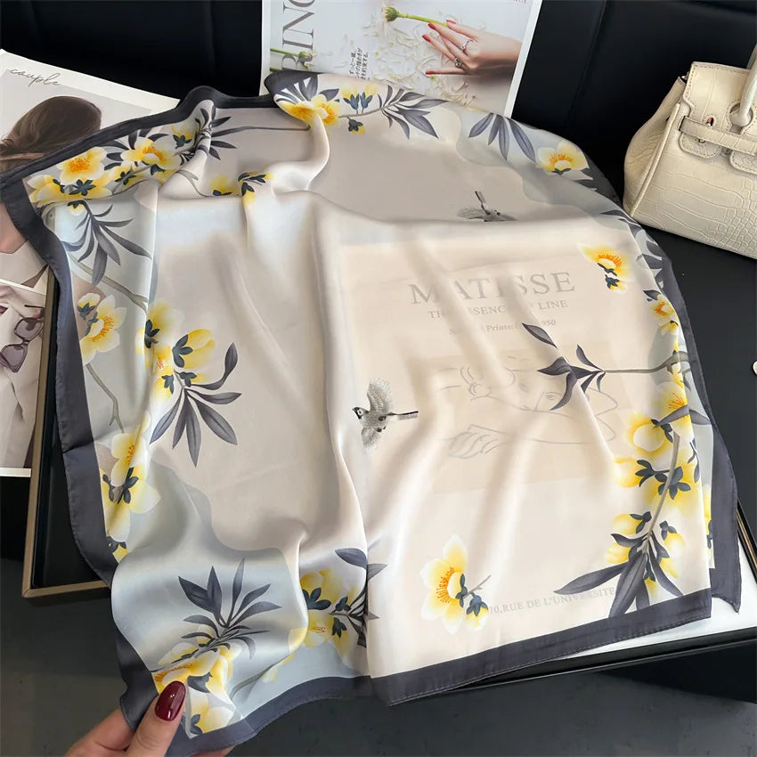 Imitated Silk Headcloth Fashion Flower Print Square Shawls Popular 70X70cm Bandanna Kerchief Sun Protection Silk Scarves Tie Bag