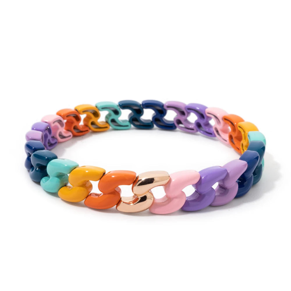 Rainbow Color Link Chain Shape Enamel Bracelets For Women Boho Beaded Bangle Accessory
