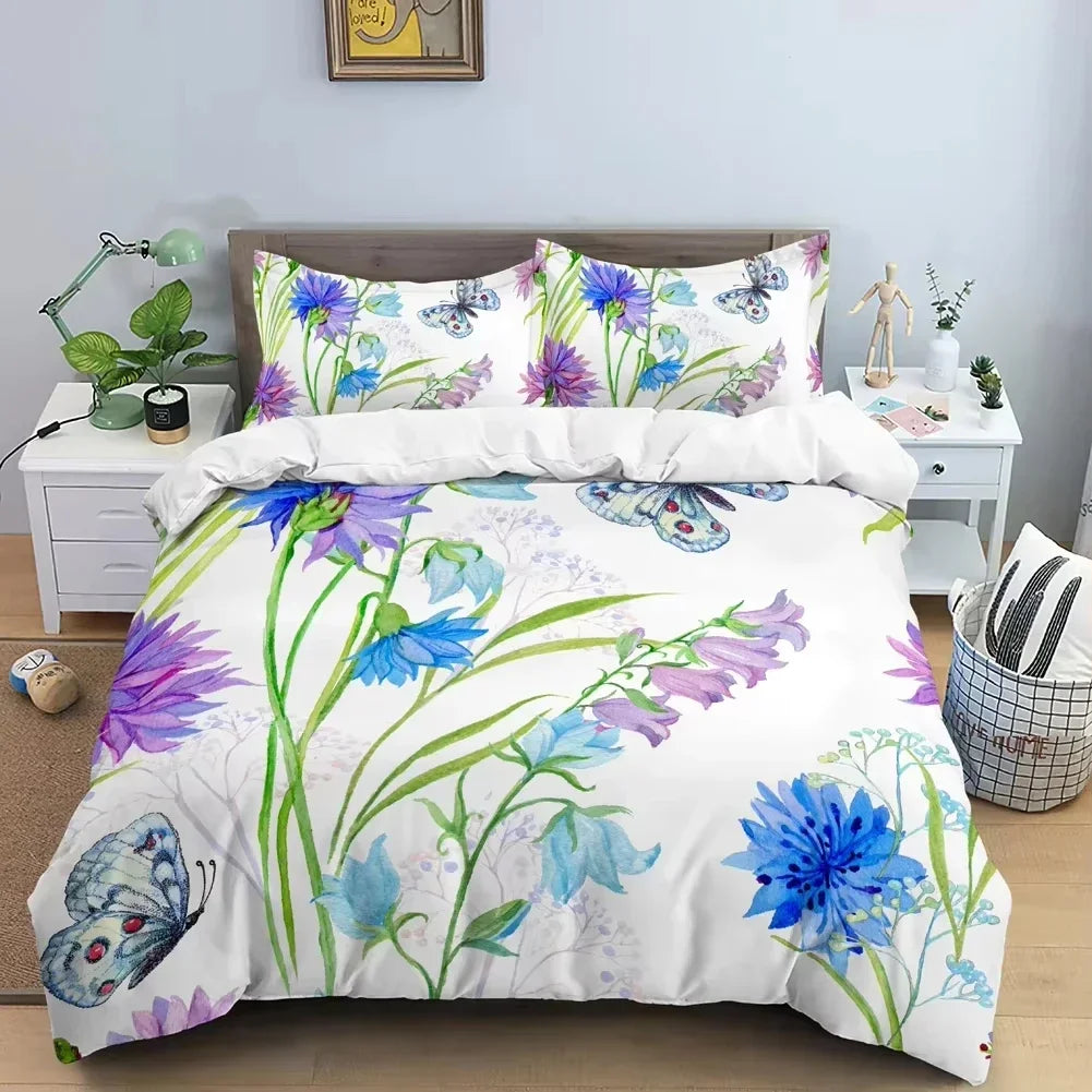 3D Butterfly Flowers Duvet Cover Luxury Home Bedding Set 3 Piece Set with 2 Pillowcases Zipper Family Colleague Christmas Gift