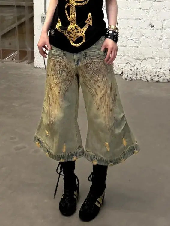 Summer Women Goblin Core Tomboy Y2K Embroidery Jorts 2000s Denim Shorts Japanese Harajuku Jean Pants Grunge Cyber Punk Hip-pop