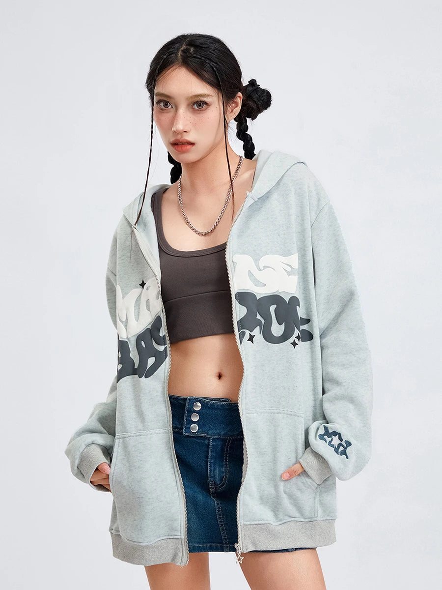 Women s Zip Up Hoodies Long Sleeve Letter Print Oversized Sweatshirts Jackets Streetwear Tops