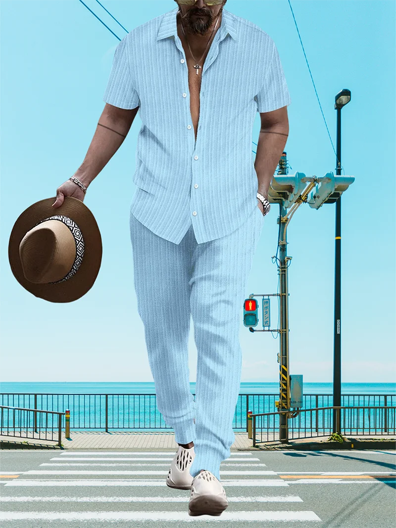Ultra-thin Ultra-light Summer Men's Shirt Casual Loose Short Sleeve + Trousers Beach Suit Surf Casual Solid Color Lapel Suit
