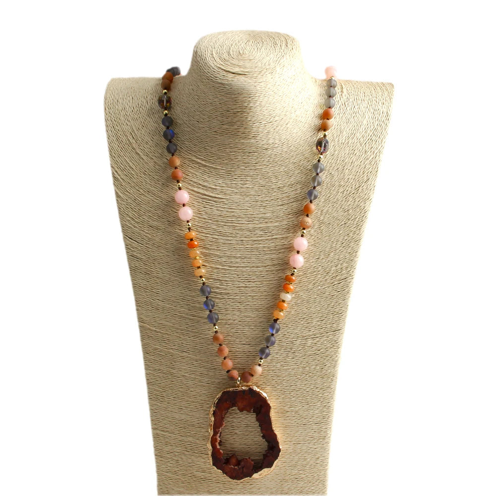 RH 2025 New Fashion Bohemian Style Natural Stone Glass Hematite Knotted Exaggerated Irregular Multicolor Druzy PendantNecklace