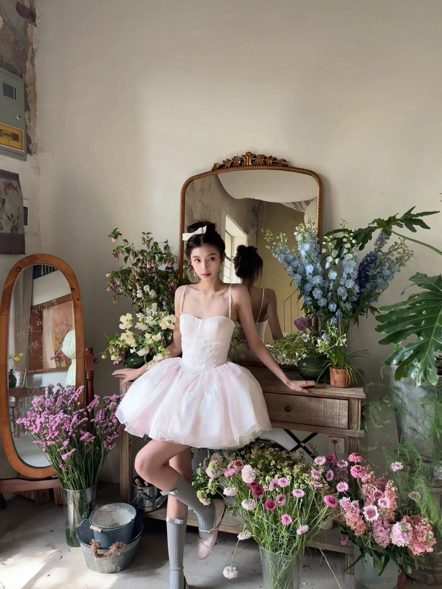 French Style Flower Wedding Dress Lolita Sweet Girl Women Fairy Tube Top Sling Dress with Long Cardigan Birthday Princess Dress