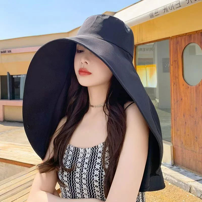 Summer Large Shawl Sun Hat For Women Outdoor UV Anti Neck Protection Fisherman Hat Ladies Outdoor Travel Sunscreen Ponytail Cap