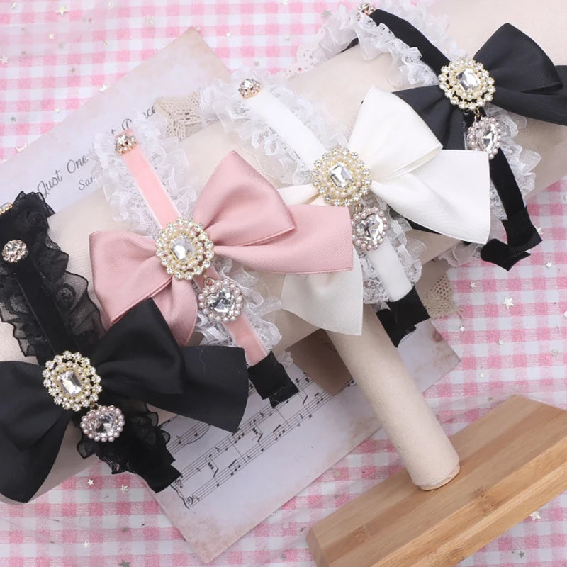 Sweet Hair Accessories Bow Head Band for Women Kawaii Lolita Diamond Bowknot Ruffles Hairbands Soft Girl Headwear
