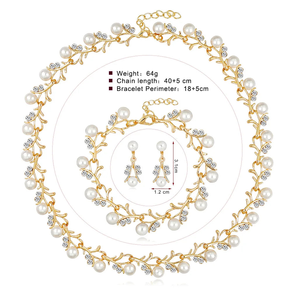 Classic Imitation Pearl Necklace Earring Bracelet for Women Kpop Fashion Gold Color Zircon Wedding Jewelry Sets Bride Accesories