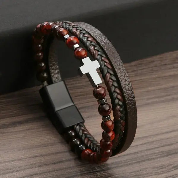 Prayer Men Natural Stone Beads Rosary Cross Bracelets Multilayer Leather Bracelet Women Yoga Meditation Jewelry Homme Pulsera