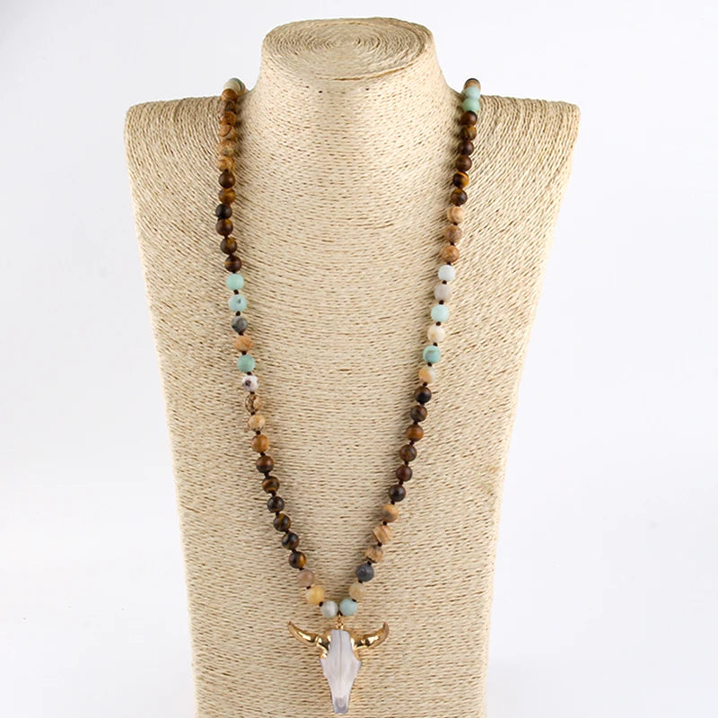 Fashion Bohemian Jewelry Sem Stone Knotted Horn Pendant Necklace For Women Boho Ethnic Necklace Gift