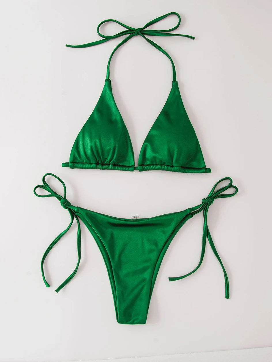 Metallic Halter Triangle Bikini 2023 Swimsuit Women Swimwear Female Bathing Suits Brazilian Thong Micro Bikinis Set Beach Wear