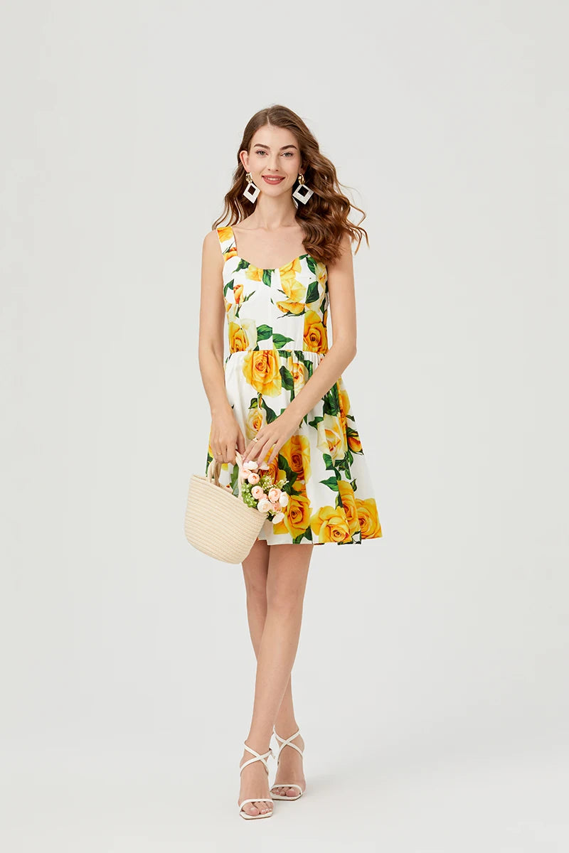 2024 Summer Fashion Short Boho Dress Women Mini Floral Print Dress Female Sleeveless Hanging Belt Printed Waist Folded Dress