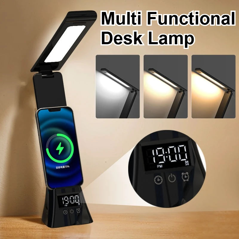 Multifunction LED Desk Lamp with Wireless Charger Digital Clock  Alarm USB 3 Colors Dimmable Study Light for Office Bedroom
