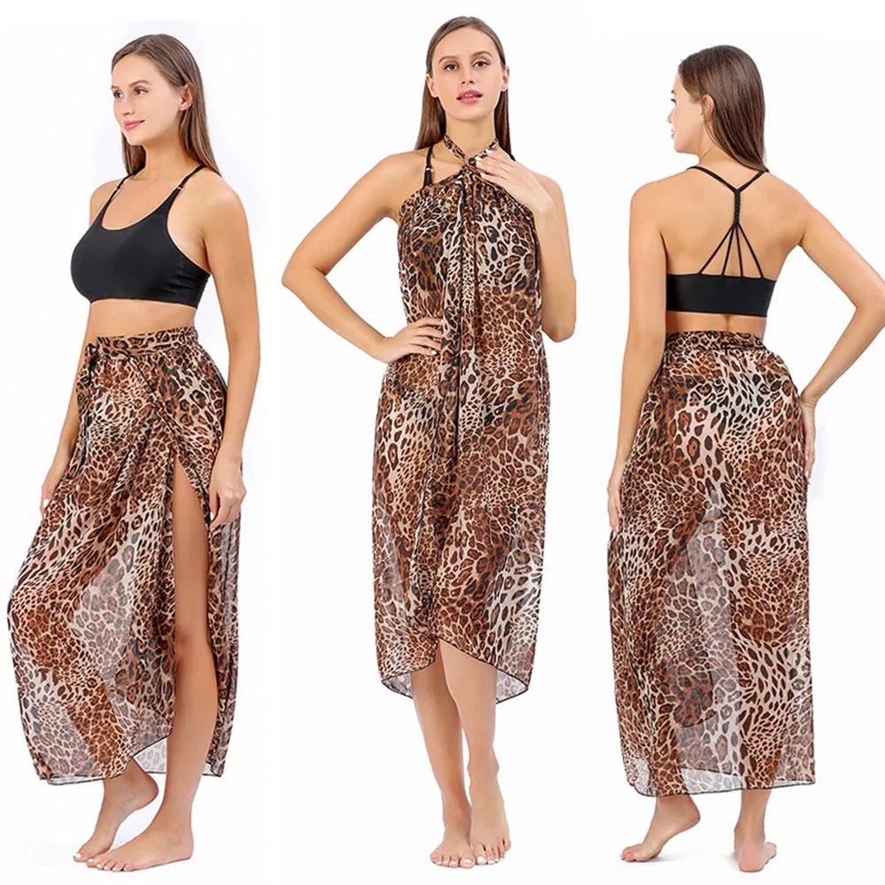Women Long  Print Sarongs Swimsuit Coverups Beach Bikini Wrap Sheer Long Skirt Chiffon Scarf Cover Ups for Swimwear