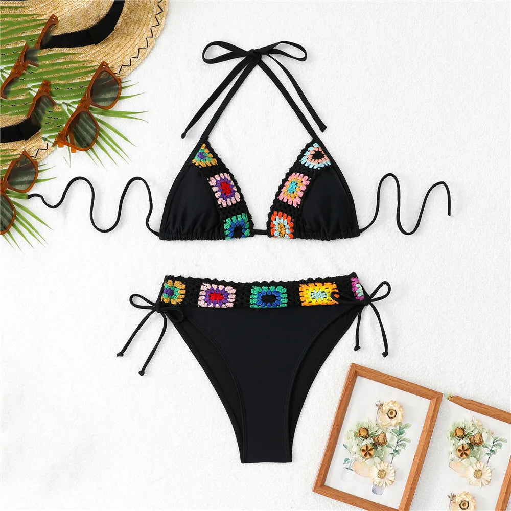 Black Thong Micro Knitted Crochet Bikini 2025 String Halter Swimwear Sexy Swimsuit Women Lace-up Bathing Suit Black Bikinis Sets