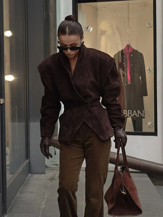 Dark Brown Suede One Button Blazer Women Long Sleeve Wide Shoulders Coat Autumn Highstreet Commute Fashion Solid Lady Outerwears