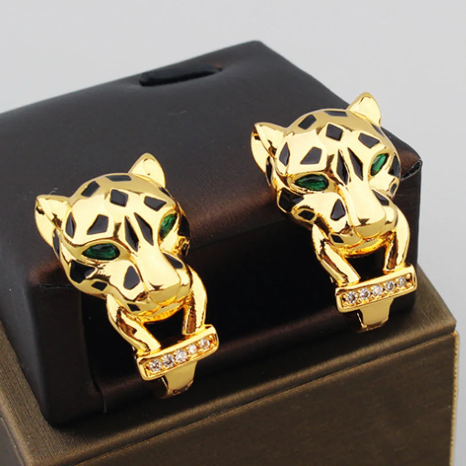 Zlxgirl Green Eye Jet leopard pendant with Earrings Jewelry Set AAA micro pave cubic zircon copper necklace sets fashion jewelry