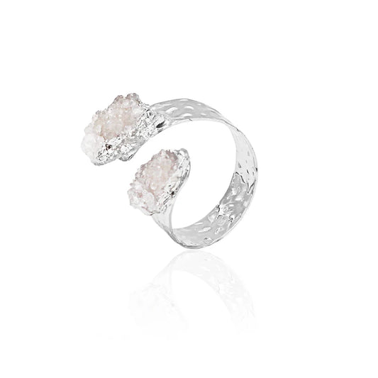 Irregular Raw Quartz Stone Open Ring for Women Girls Silver-color Boho Crystal Cluster Finger Jewelry Resizable