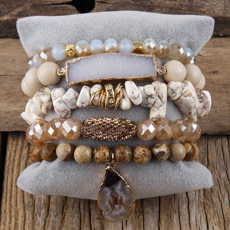 Fashion Designer Gemstone Crystal Glass Beaded Bracelet Sets Druzy Charm 5pc Stack Bracelet Bracelets Set For Women Jewelry Gift