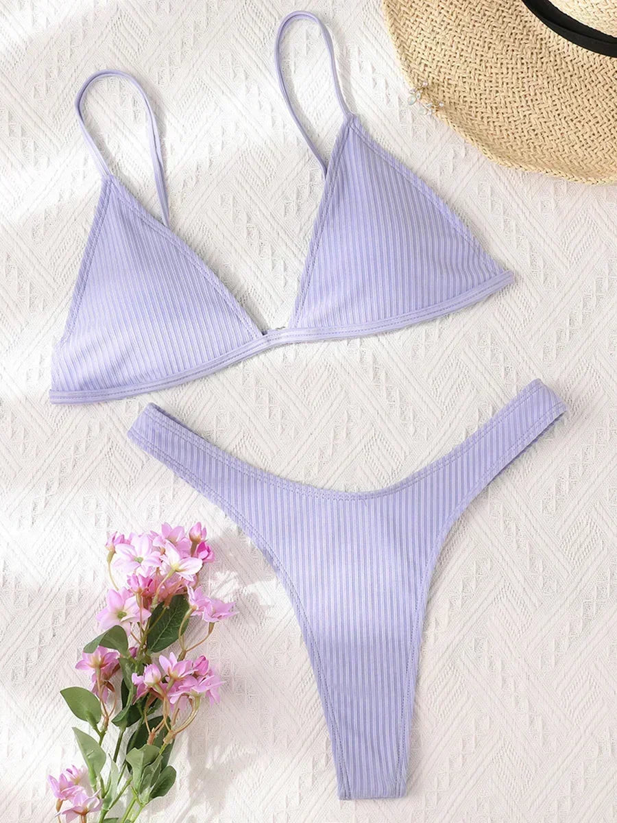 Bandeau Tanga Bikinis Ribbed Bikini 2025 Sexy High Cut Bikini Set Brazilian Swimsuit Thong Swimwear Women Girls Swimming Suit
