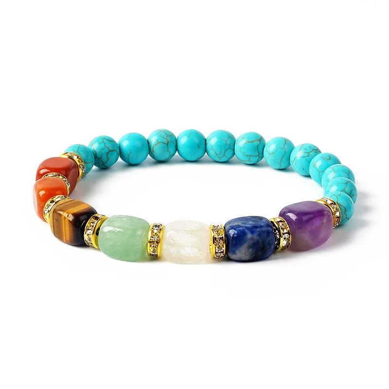 Natural Stone 7 Chakra Bracelets Reiki Healing Energy Hematite Tiger Eye Beaded Elastic Bracelets for Women Girls Yoga Jewelry
