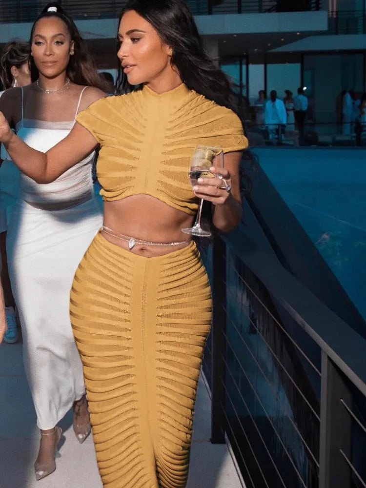 JRRY Sexy Women Knitted Set Crop Top Long Skirt Crochet Two Pieces Set Hollow Out Crocheted Beach Dress Set Cover Ups