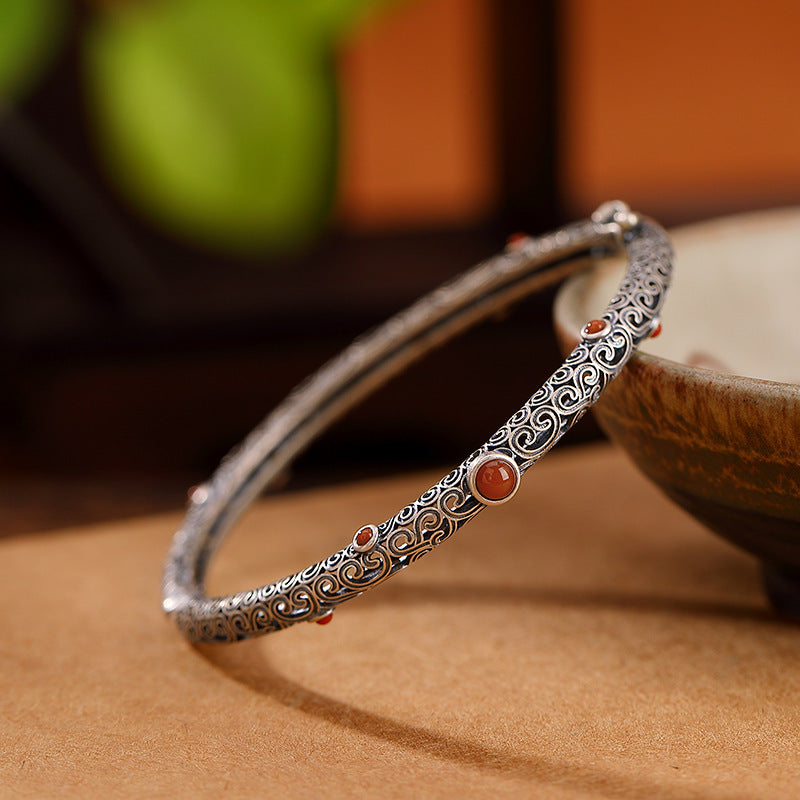 925 silver vintage ethnic style classic southern red tourmaline bracelet for women fine openwork bangles party jewelry