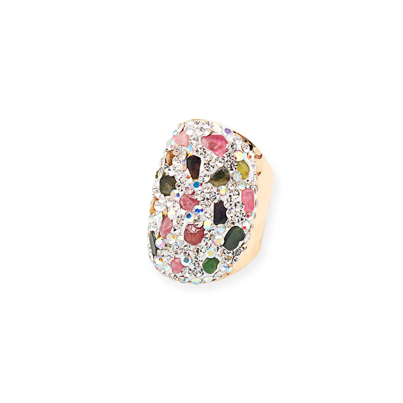 Irregular Rainbow Tourmaline Open Ring for Women Girls Micro Inlay Gold-color Chip Stones Party Wedding Anniversary Gift Jewelry