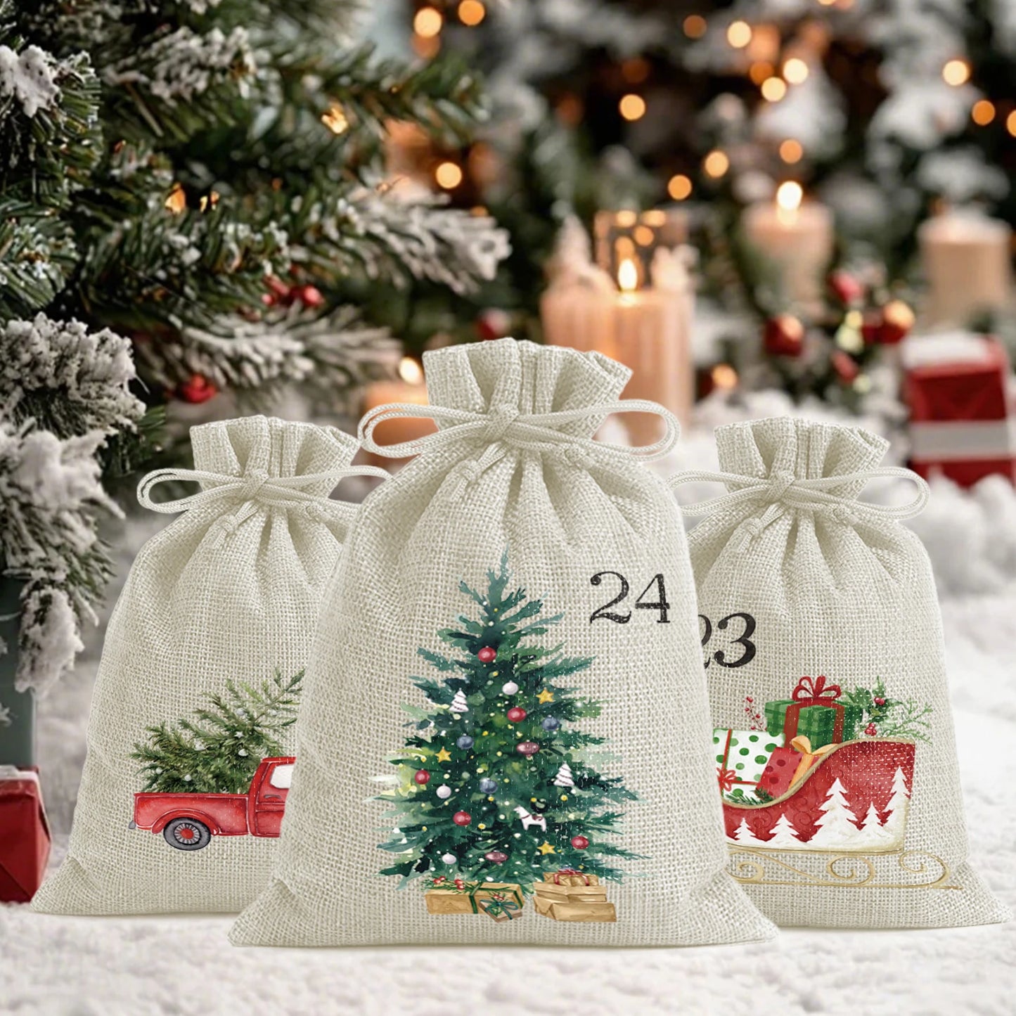 24pcs Drawstrings Christmas Gift Bags, 24 Days Countdown Calendar Christmas Bags for Xmas Tree Decorations Holiday Party