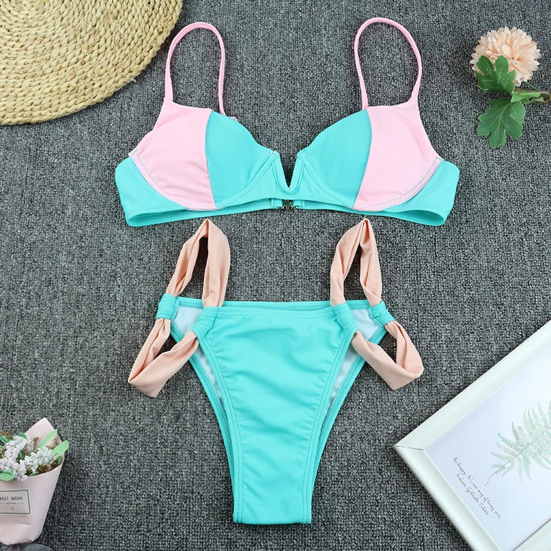 Bikini 2024 Sexy Push Up Small V-neck Patchwork Swimwear Swimsuit Women Bikinis Set Bathing Suit Beach Bikini Female Banadores