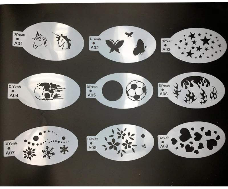 9PCS Stencils for Body Painting Face Art Halloween Birthday Party DIY Makeup Stamps Temporary Tattoos Reusable Stencils Plastics
