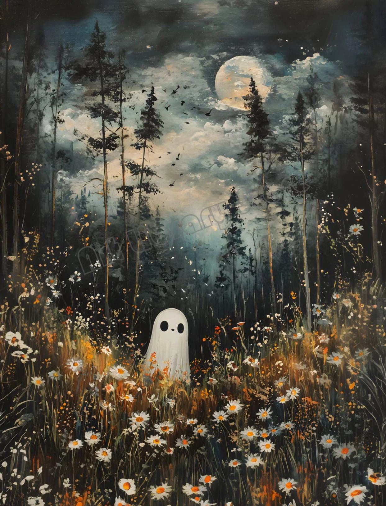 Spooky Halloween Town Folk Magical Forest Ghost Pumpkin Illustration Poster Canvas Painting Wall Pictures Holiday Home Decor
