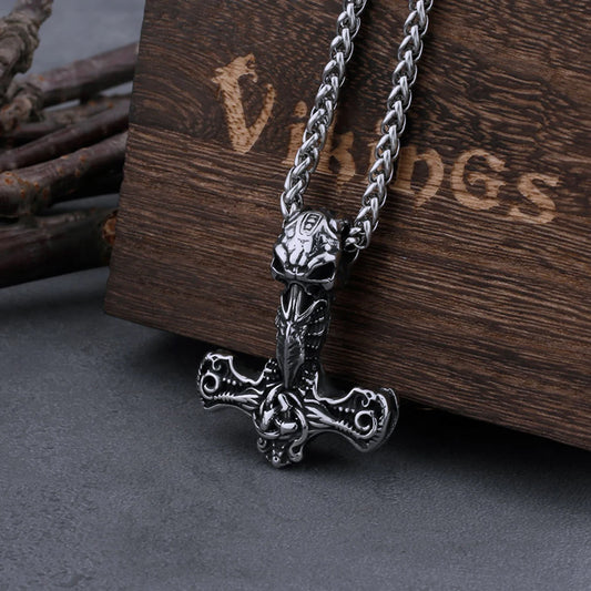 Viking Thor Mjolnir and Skull Necklace Men's Fashion Celtic Knot Amulet Hip Hop Punk Biker Pendant Stainless Steel Jewelry Gift