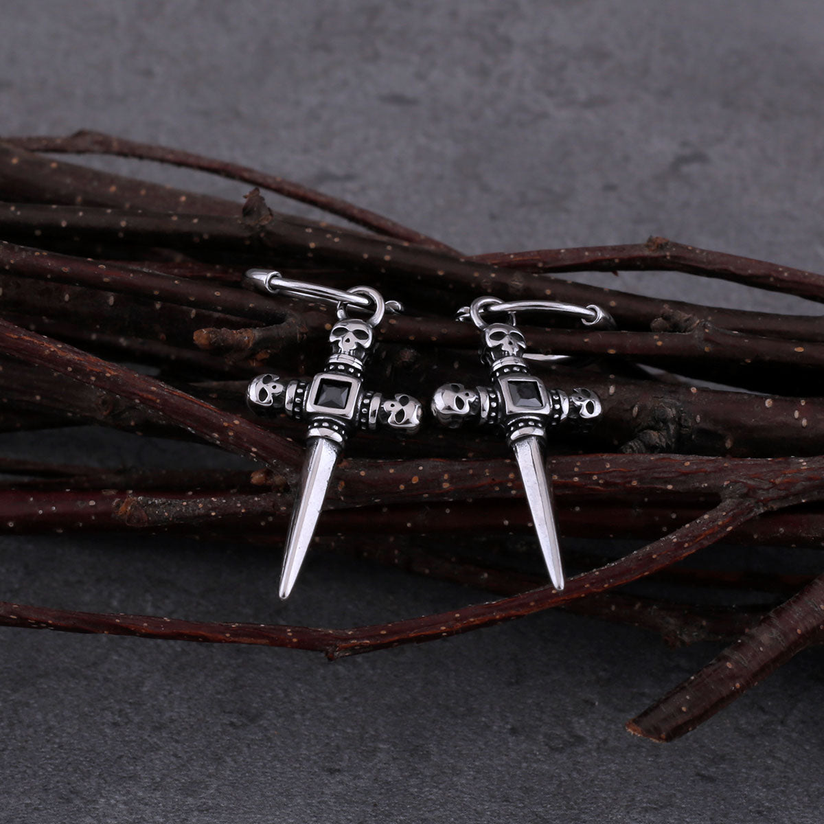 Vintage Cross Zircon Inlay Skull Earrings Men Hip Hop Stainless Steel Accessories Fashion Punk Jewelry Gift