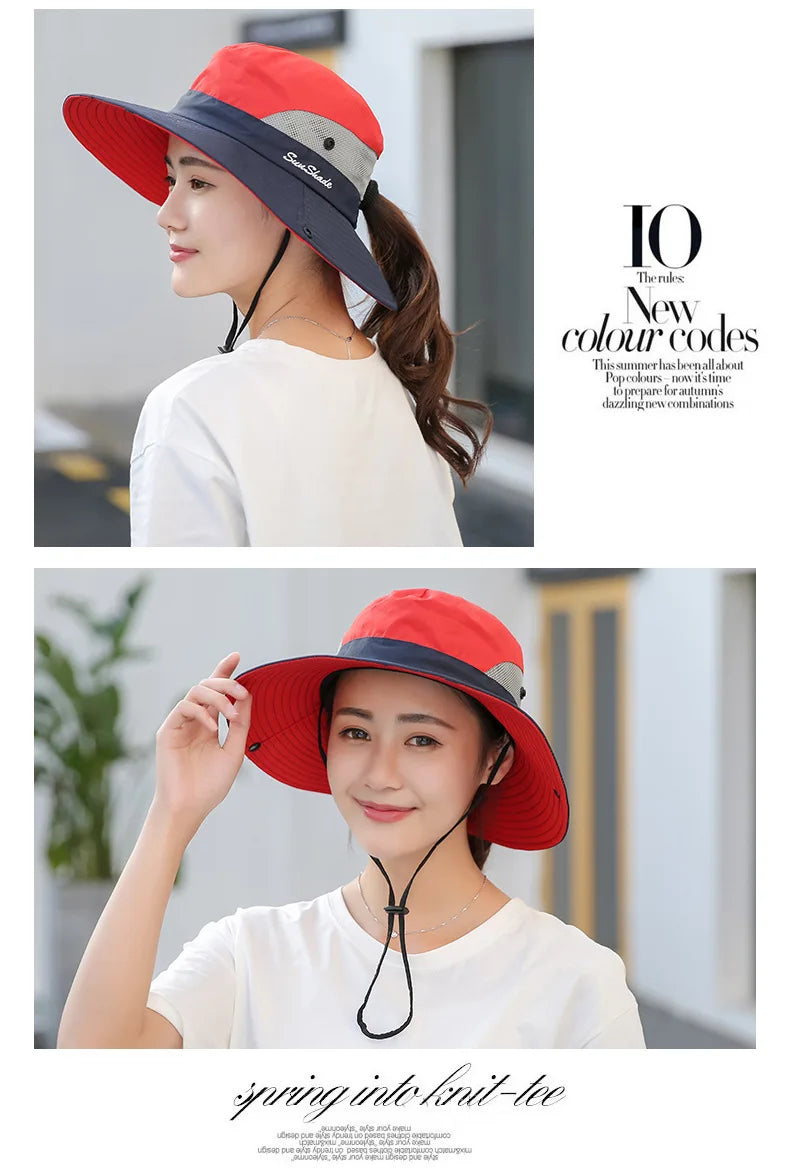 Women Summer Adjustable Bucket Hat with a Ponytail Hole Girls Sun Protection Hiking Cap Parent-child Outdoor Wide Brim Headgear