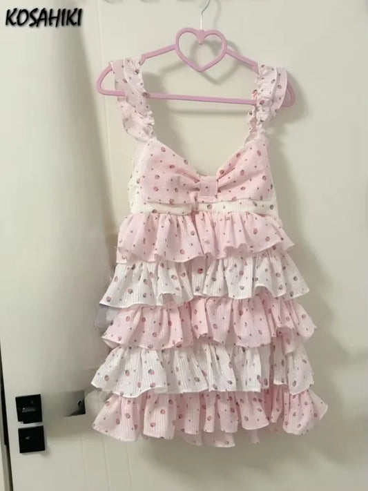 Strawberry Print Cute Dress Women Contrast Patchwork Y2k Aesthetic Dresses Vintage Sleeveless Kawaii Girl JK Ruffled Vestidos