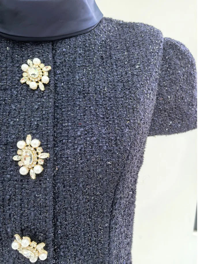 Maxi Formal Luxury Evening Dresses Women Summer Autumn Single Breasted Crystal Satin Tweed Long Dress Blue Party Dinner Vestidos