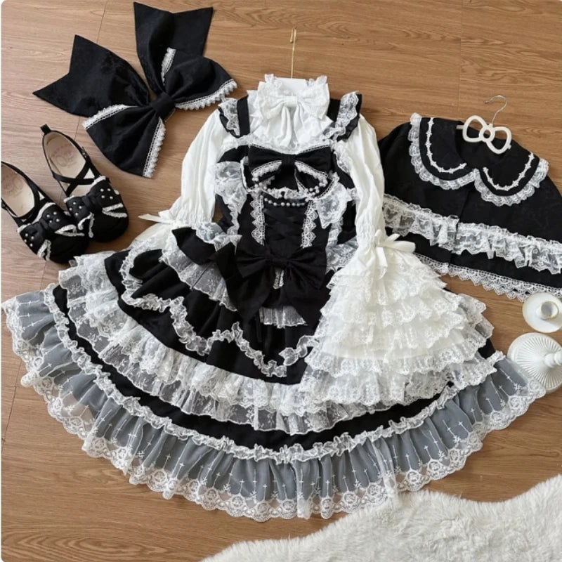 Original Lolita Dress Cape Set New Spring Autumn Sweet Girl Lace Princess Jsk Cake Dress Fairy Suspender Dress Shirt Outfit