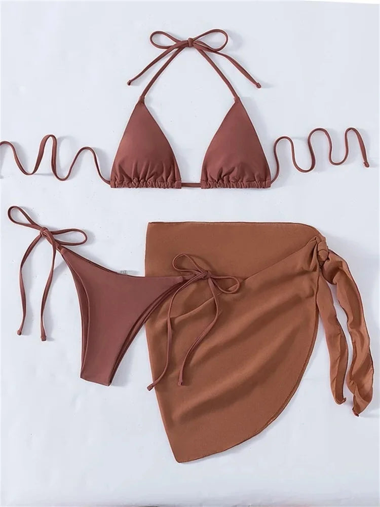 Sexy Solid Brown Bikinis Set Women Ribbed Halter Push Up Mesh Skirt Swimsuit 2024 Mujer Brazilian Bathing Suit Cover Up Swimwear