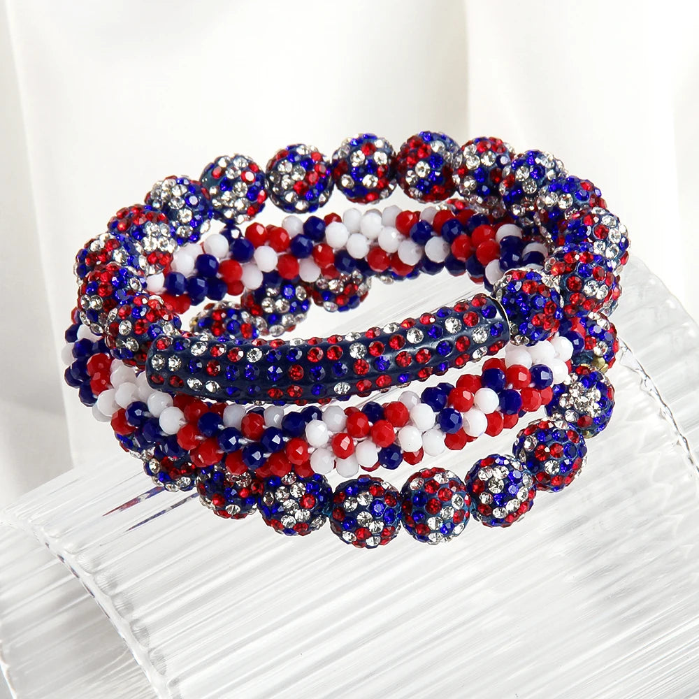 New American Independence Day 3pcs Stack Bracelet Set 10mm Red White Blue Mixed Rhinestone Ball Glass Beaded Elastic Bracelet