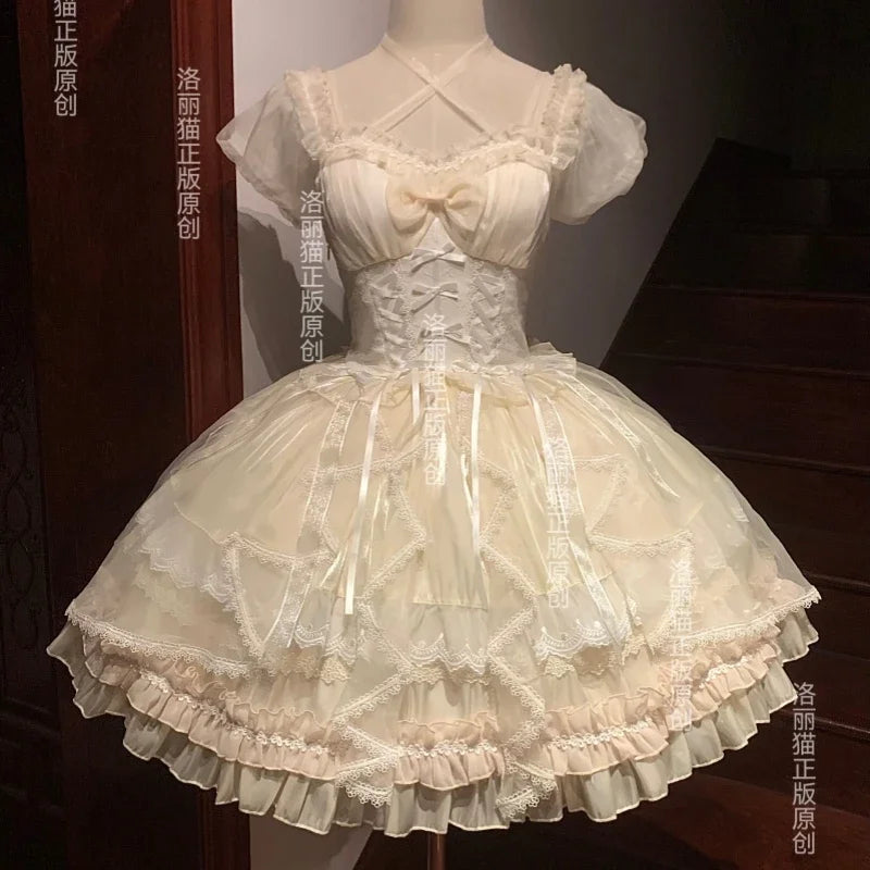 Lolita Sweet Girl Princess Dress Spring and Summer Off Shoulder Women's Short Sleeve Slim OP/JSK Short Ball Gown Dress