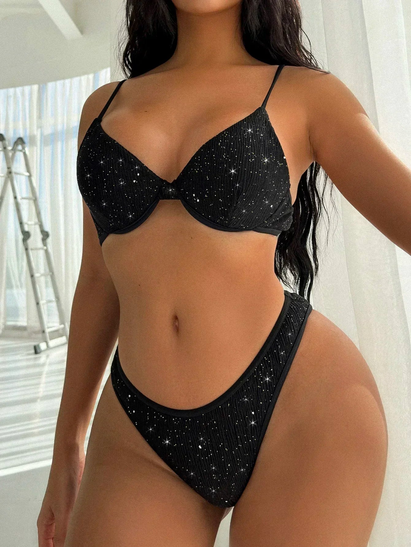 Swimsuit Women 2024 Black Shiny Bikini Sexy High Waist 2 Piece Swimwear Steel Support Female V-neck Beach Bathing Suit YX1378X