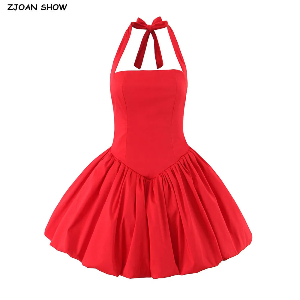 Sexy Bow Halter Slash Collar Lacing Up Bandage Back Sling Mini Dress Women Low Waist Ball Gown Pleated BUD Dresses Femme Robe