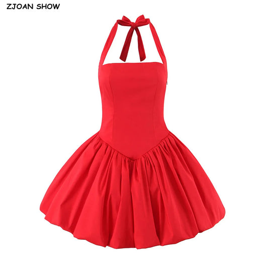 Sexy Bow Halter Slash Collar Lacing Up Bandage Back Sling Mini Dress Women Low Waist Ball Gown Pleated BUD Dresses Femme Robe