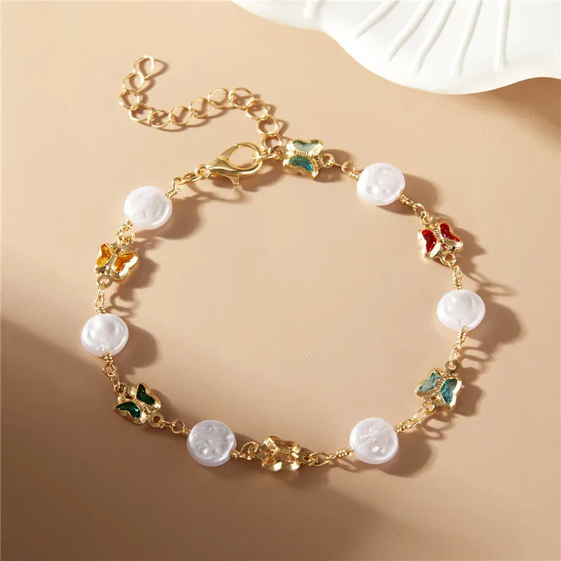 Exquisite Boho Candy Color Heart Shaped Crystal Bracelet for Women Fashion Charm Zircon Butterfly Pearl Metal Chain Bracelets