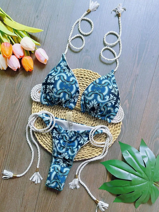 RUOTONSEPT 2024 Sexy Print Women's Swimsuit Braiding rope Bandage Bikinis Set Triangle Swimwear Bathing Suit Brazilian Biquinis
