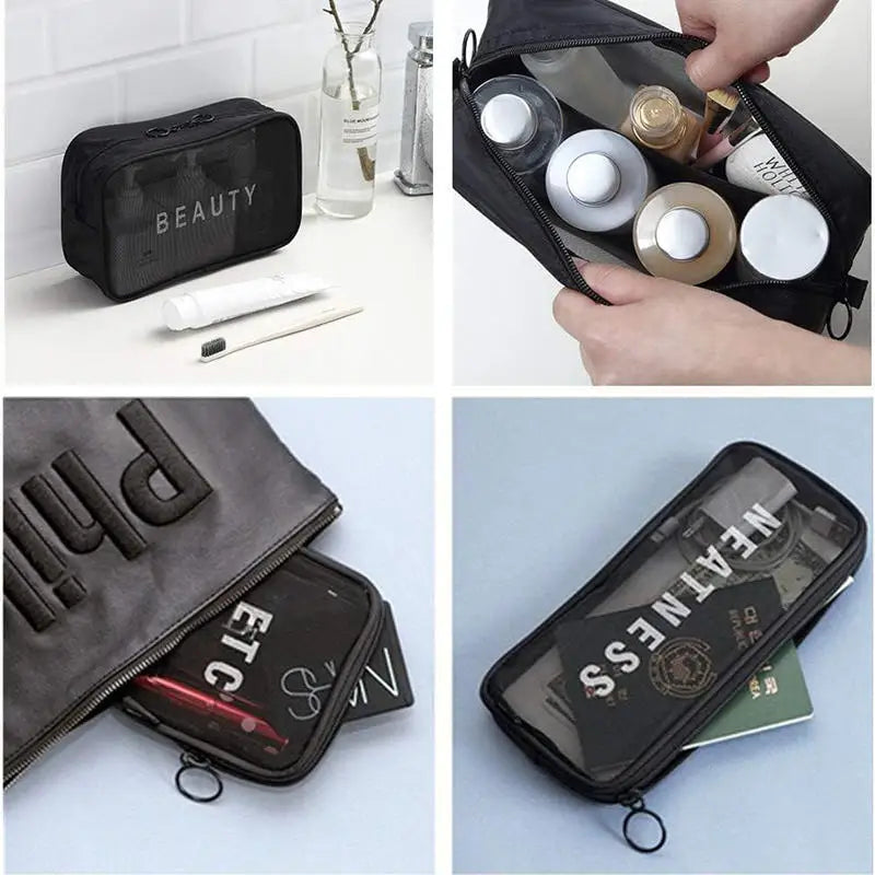 Transparent Mesh Makeup Bag Women Travel Toiletry Wash Cosmetic Bag Storage Case Letter Printed Zipper Make Up Bags 3 Size