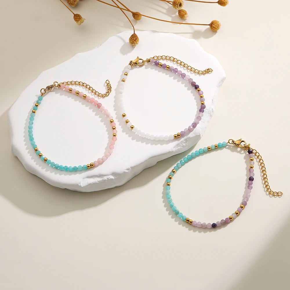 Two-color Nature Stone Beaded Bracelet Fashion Gold Color Faceted Spacer Jewelry For Women With Staniless Steel Clasp Party Gift