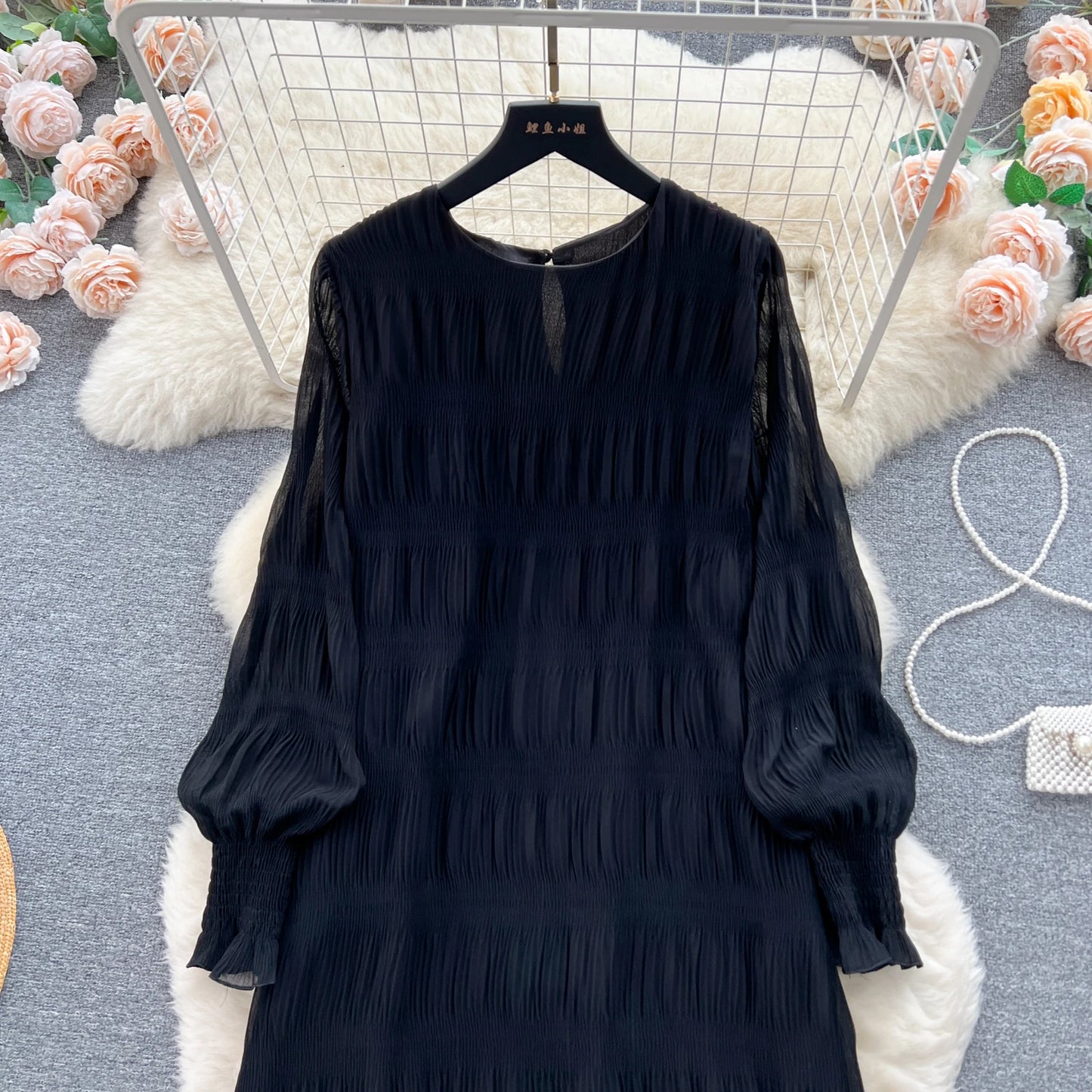 Autumn Vintage Women Draped Loose Midi Dress Elegant Round Collar Puff Long Sleeve Robe Casual Yellow/Burgundy/Green Vestido New